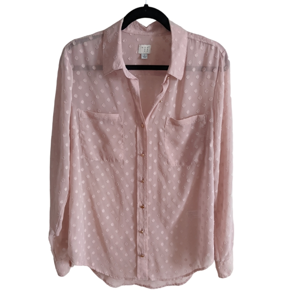 A New Day Blush Pink Polka Dot Textured Polyester Button Down Blouse Size L